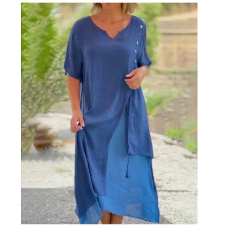 Women’s Silk Crepe Midi Dress – Effortlessly Stylish Layered Hem Relaxed Fit Silhouette Dress