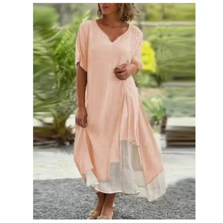Women’s Silk Crepe Midi Dress – Effortlessly Stylish Layered Hem Relaxed Fit Silhouette Dress