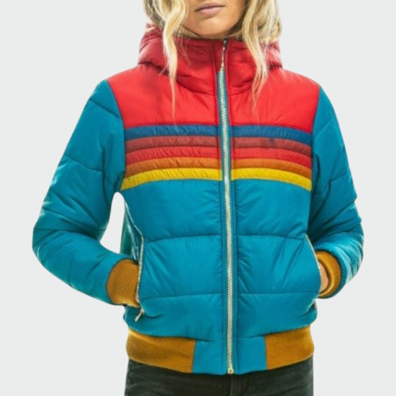 Ladies Vintage Striped Hooded Puffer Jacket