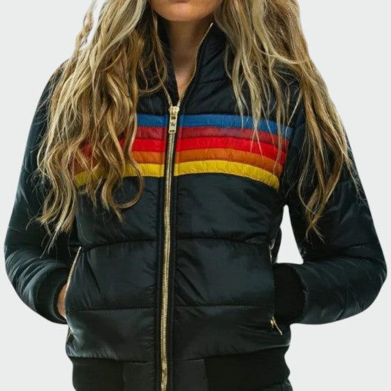 Ladies Vintage Striped Hooded Puffer Jacket