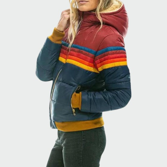 Ladies Vintage Striped Hooded Puffer Jacket