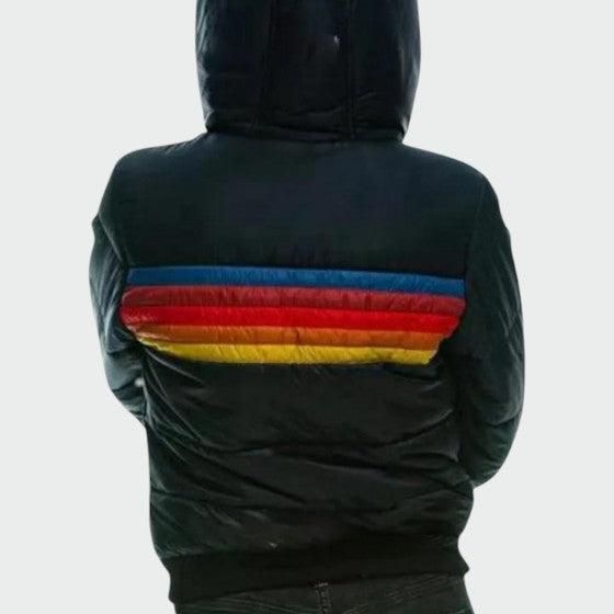 Ladies Vintage Striped Hooded Puffer Jacket