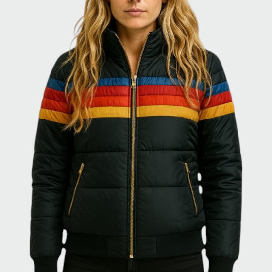Ladies Vintage Striped Hooded Puffer Jacket