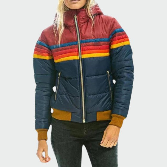 Ladies Vintage Striped Hooded Puffer Jacket