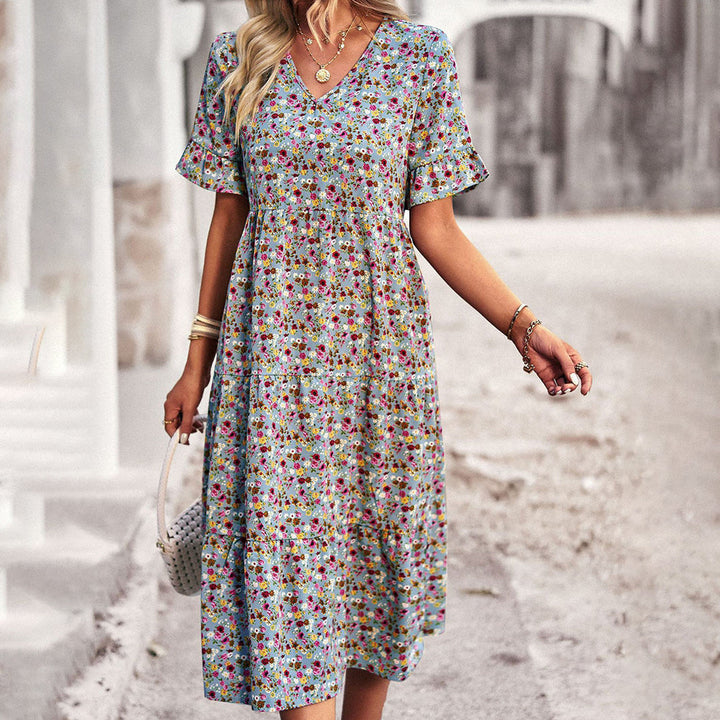 Effortlessly Sophisticated V-Neck Chiffon Floral Print Ruffled Sleeves Midi Dress