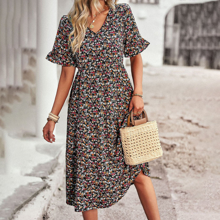 Effortlessly Sophisticated V-Neck Chiffon Floral Print Ruffled Sleeves Midi Dress
