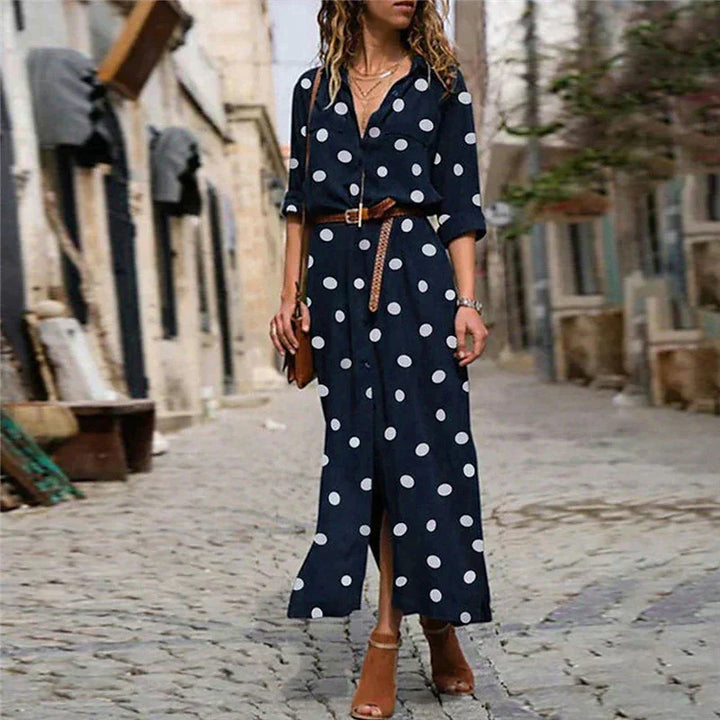 Women’s Polka Dot Maxi Dress – Crepe Georgette Long Sleeve Waist Tie Elegant Dress
