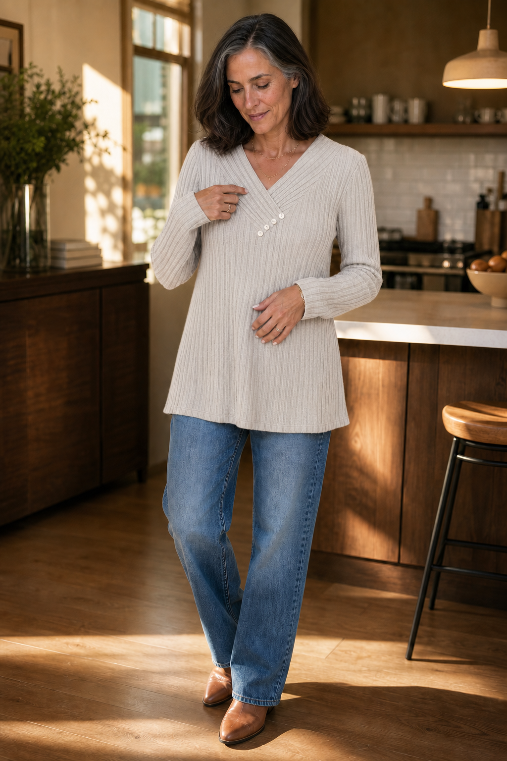 Marlowe & Rib – Ribbed V-Neck Sweater with Buttons
