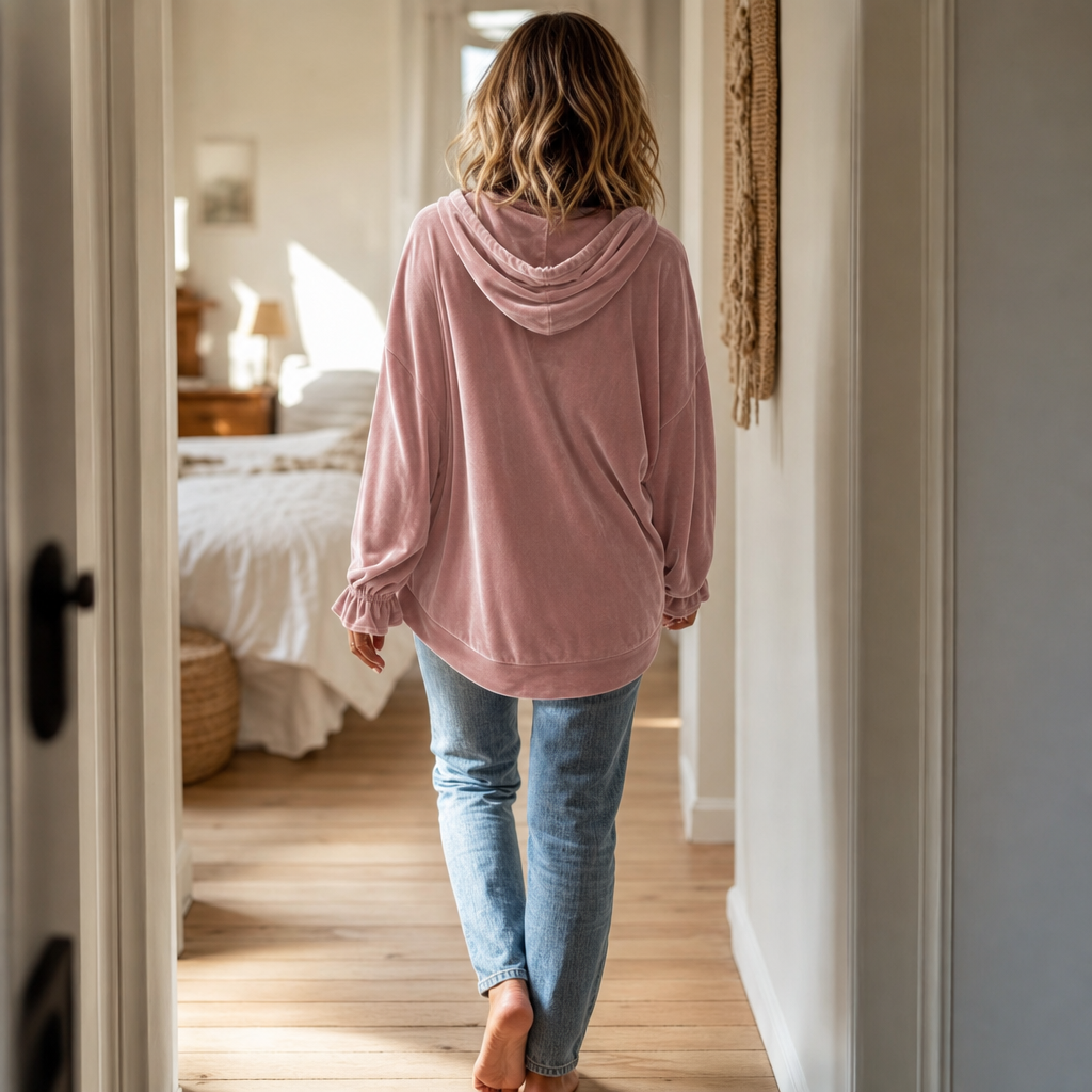 Wearbella – Ruffled Cuff Velour Relaxed Hoodie