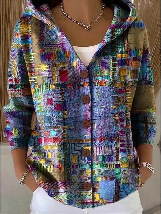 Ladies Patchwork Hoodie Cardigan with Colorful Pattern