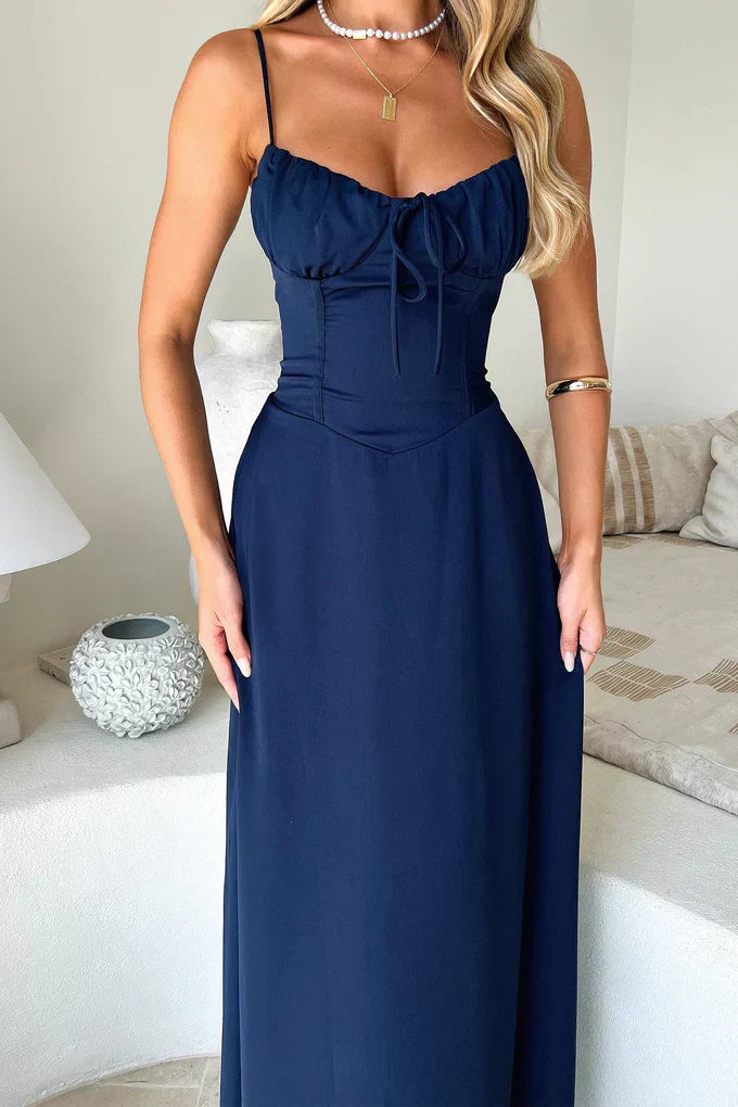 Luxurious Spaghetti Strap Chiffon Flattering Cinched Waistline Evening Length Dress