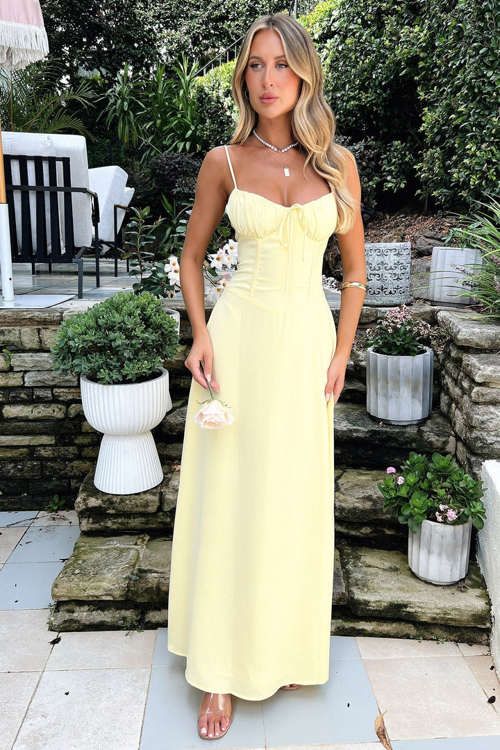 Luxurious Spaghetti Strap Chiffon Flattering Cinched Waistline Evening Length Dress