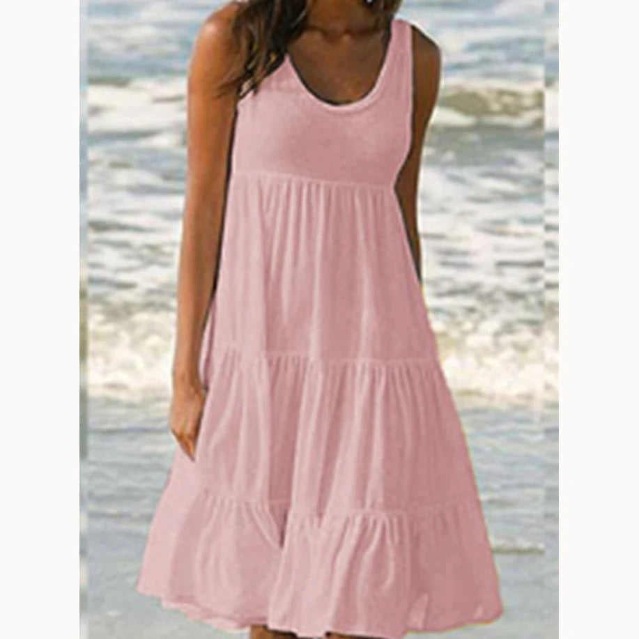 Effortless Boho Sleeveless Tiered Lightweight Linen-Blend Cascading Ruffles Midi Dress