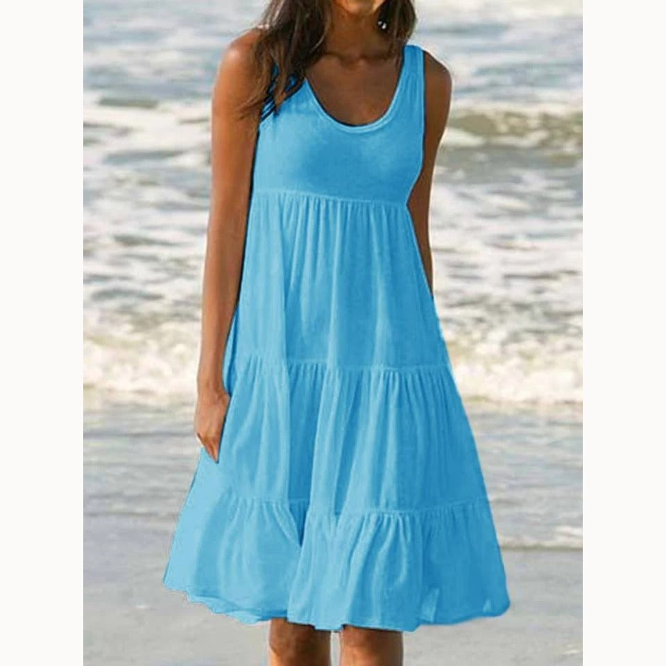 Effortless Boho Sleeveless Tiered Lightweight Linen-Blend Cascading Ruffles Midi Dress