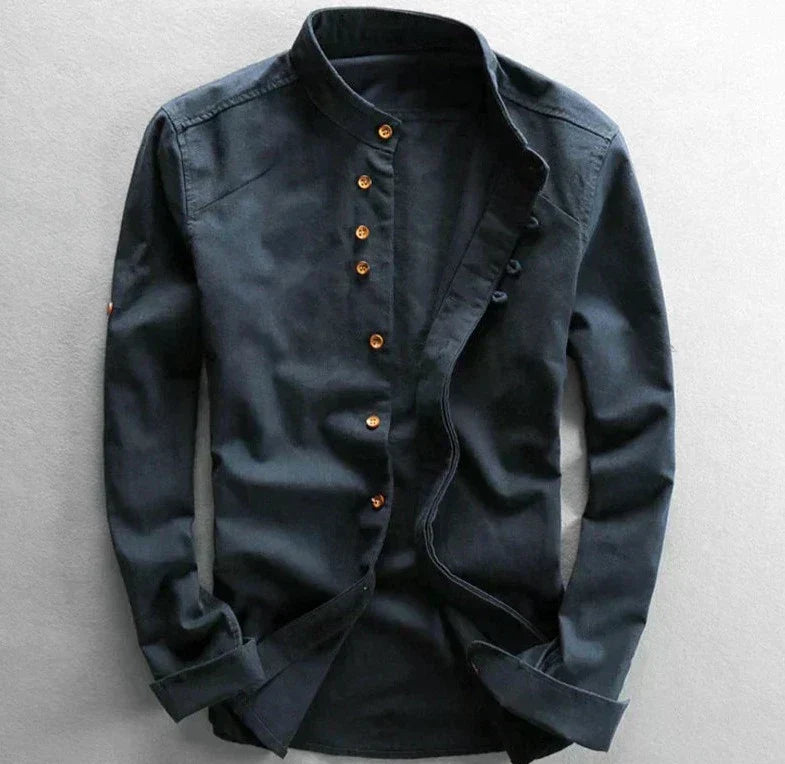 Men's Shirt with Mandarin Collar in Linen Blend