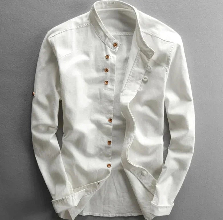 Men's Shirt with Mandarin Collar in Linen Blend
