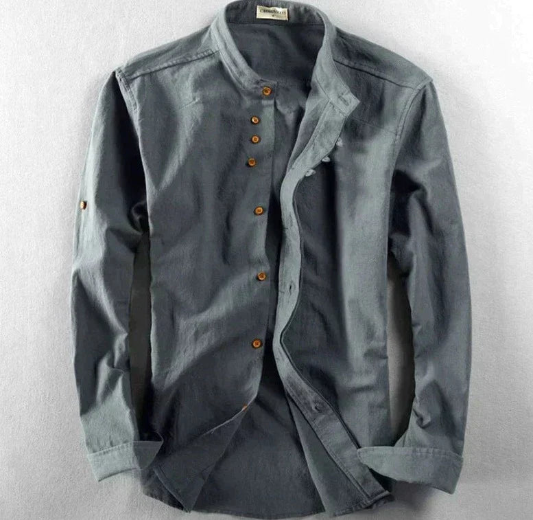 Men's Shirt with Mandarin Collar in Linen Blend