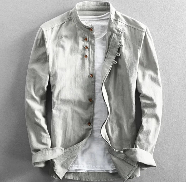 Men's Shirt with Mandarin Collar in Linen Blend