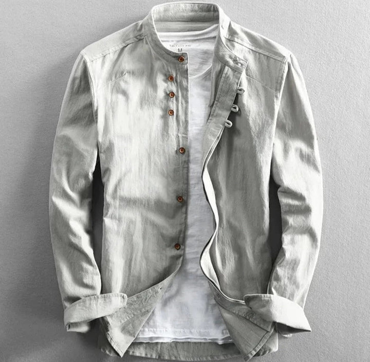 Men's Shirt with Mandarin Collar in Linen Blend