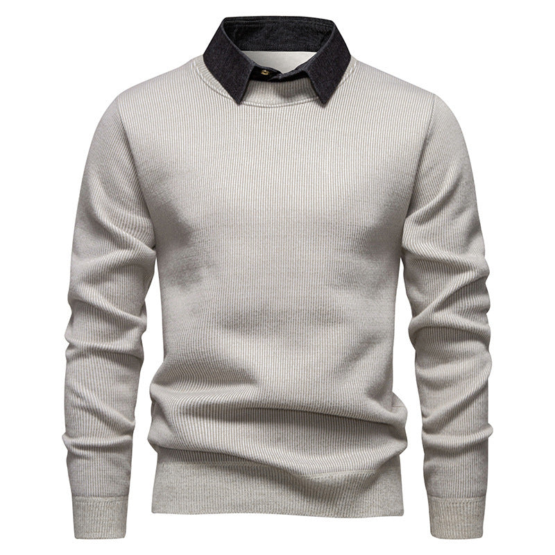 | Men's Knitted Pullover with Collar Accent