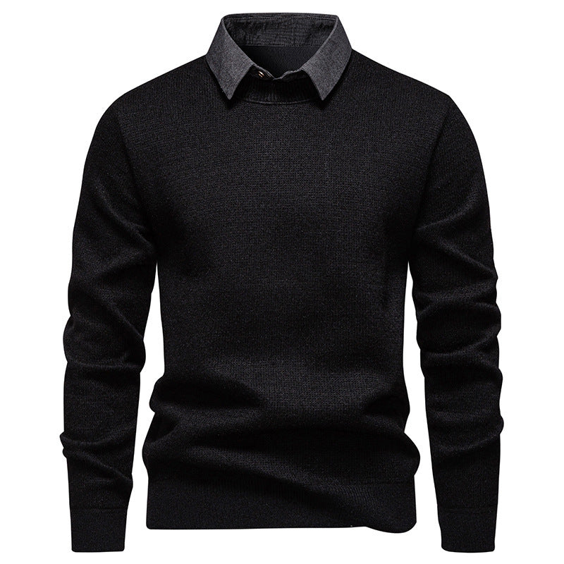 | Men's Knitted Pullover with Collar Accent
