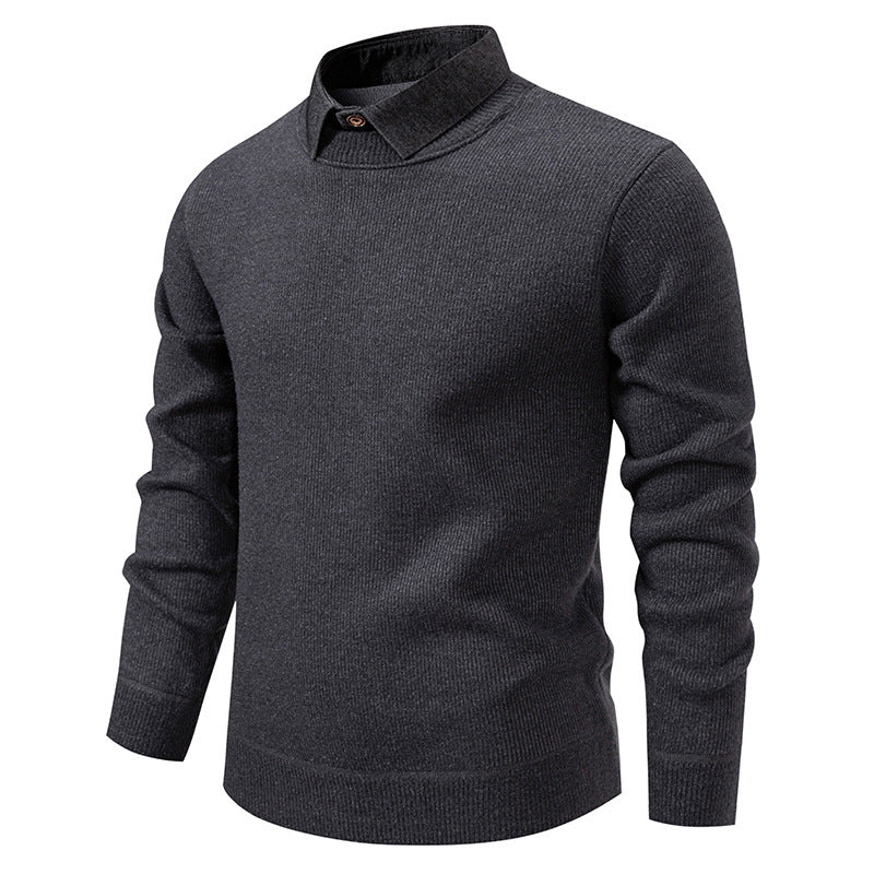 | Men's Knitted Pullover with Collar Accent