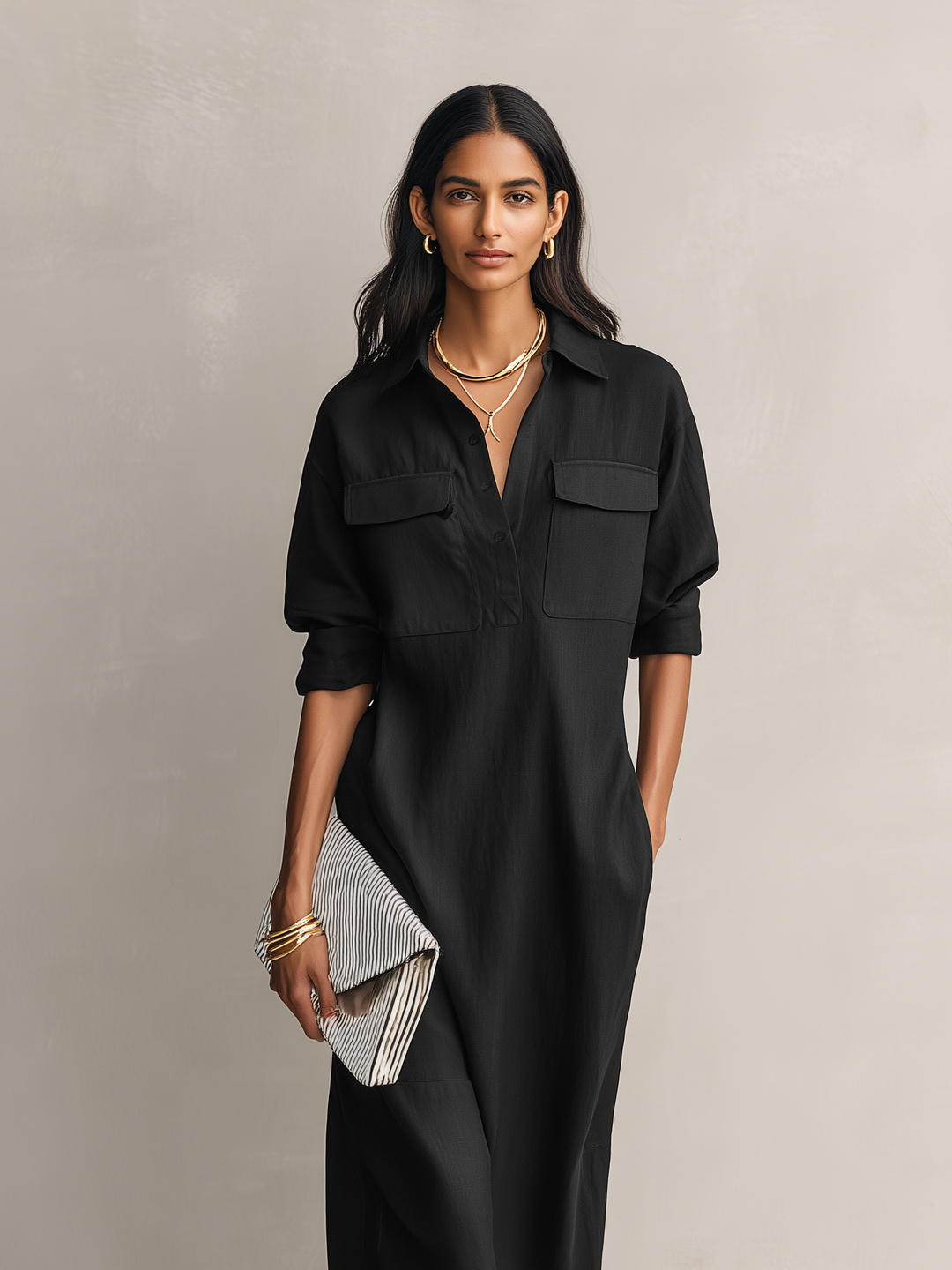 Women’s Cotton Linen Midi Dress – Classic Shirt Collar Breathable All-Day Comfort Dress