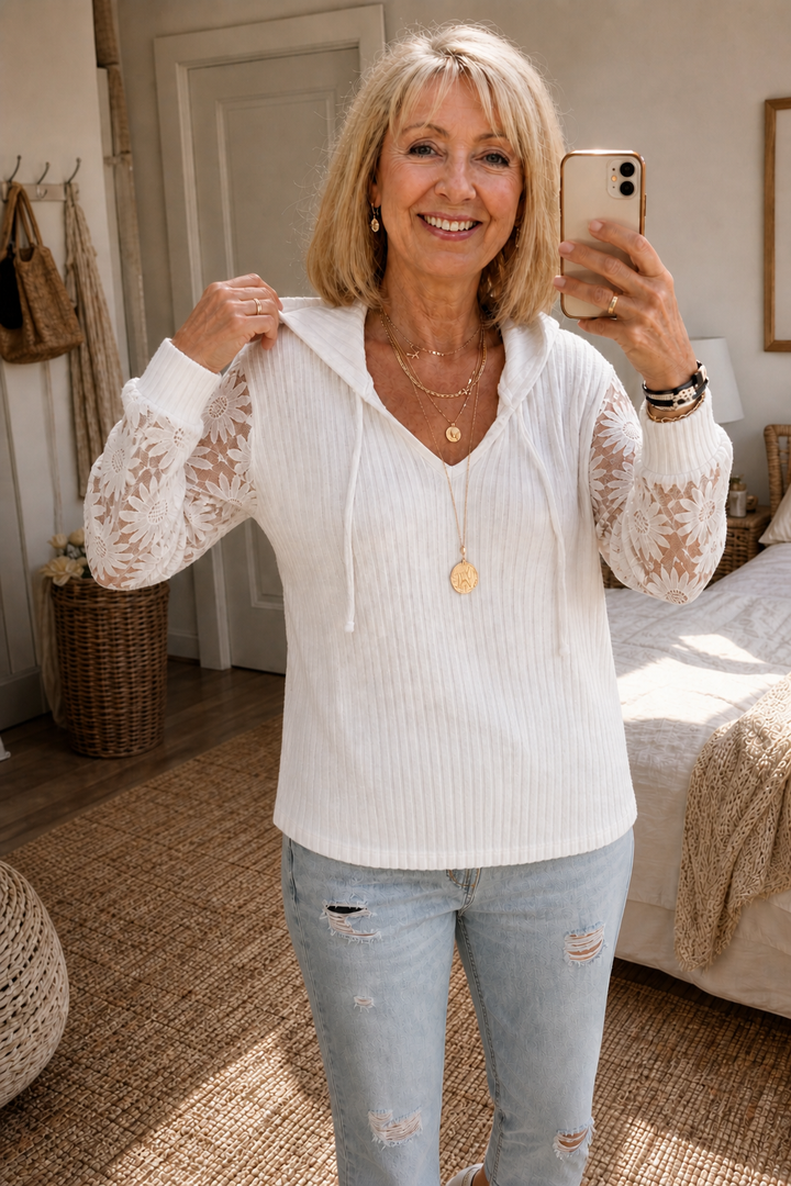 Lunetta – Lace Sleeve Ribbed Hoodie Cardigan