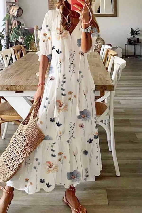 Women’s Watercolor Floral Maxi Dress – Boho Chic V-Neck Tassel Detail All-Day Wear