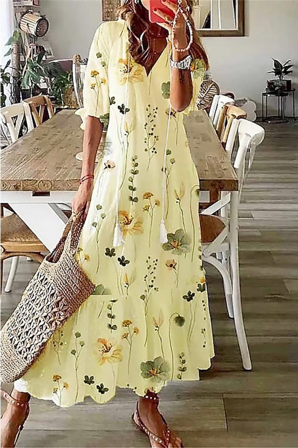 Women’s Watercolor Floral Maxi Dress – Boho Chic V-Neck Tassel Detail All-Day Wear