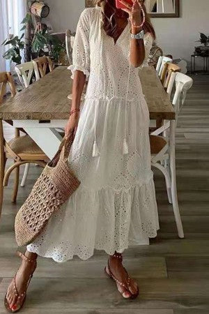 Women’s Watercolor Floral Maxi Dress – Boho Chic V-Neck Tassel Detail All-Day Wear