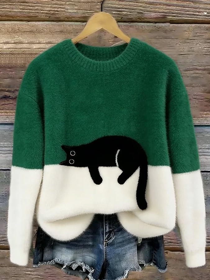 Ladies Casual Pullover Sweater with Cat Print