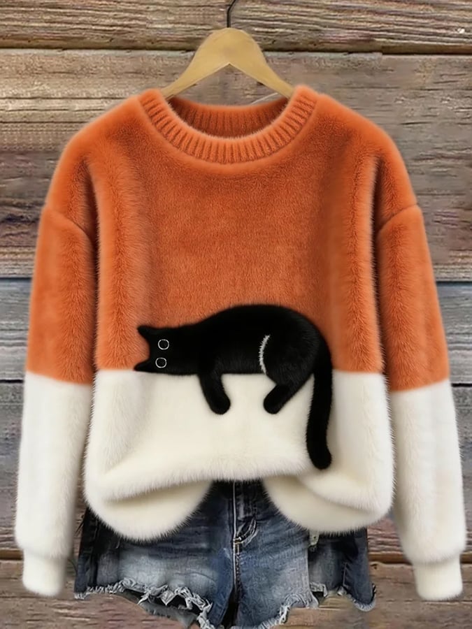 Ladies Casual Pullover Sweater with Cat Print