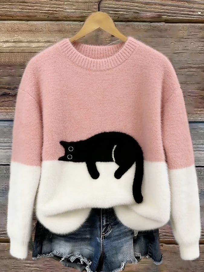 Ladies Casual Pullover Sweater with Cat Print
