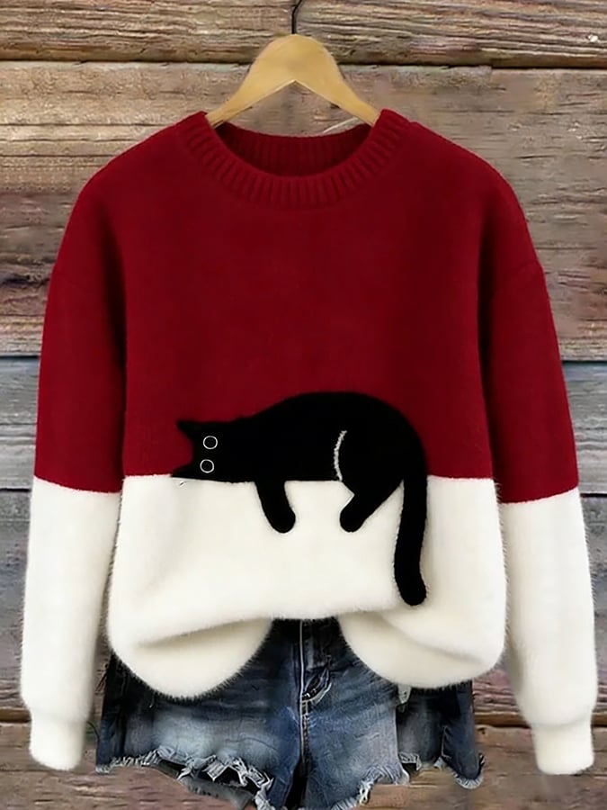 Ladies Casual Pullover Sweater with Cat Print