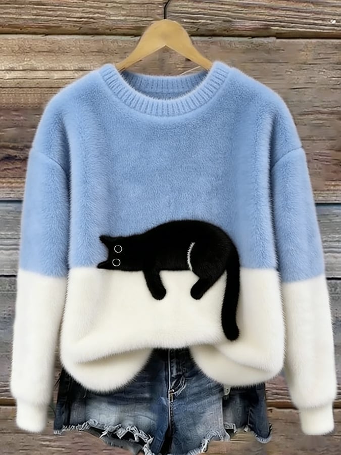 Ladies Casual Pullover Sweater with Cat Print