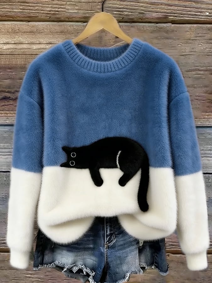 Ladies Casual Pullover Sweater with Cat Print
