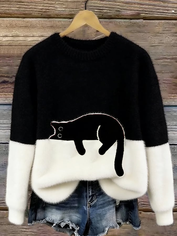 Ladies Casual Pullover Sweater with Cat Print