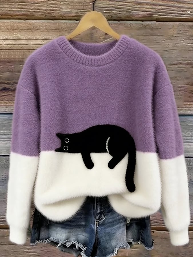 Ladies Casual Pullover Sweater with Cat Print