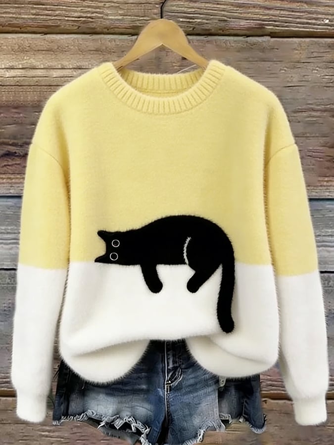 Ladies Casual Pullover Sweater with Cat Print