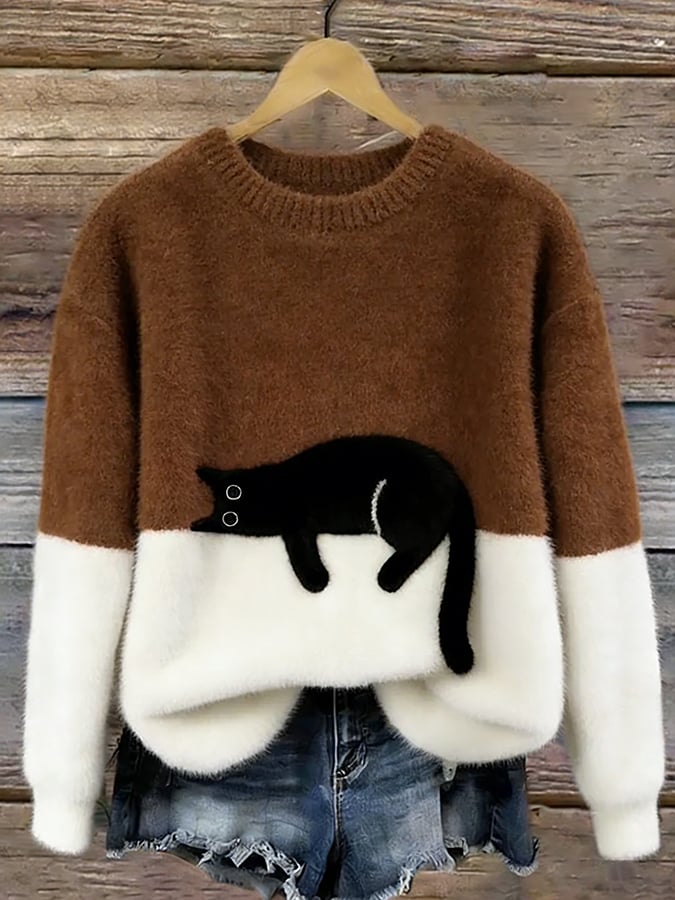 Ladies Casual Pullover Sweater with Cat Print