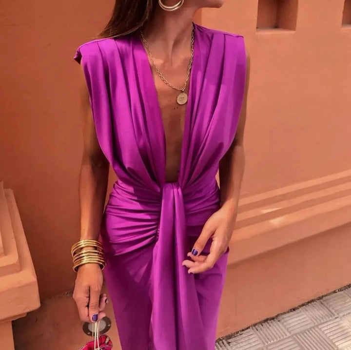 Timeless Exquisite Luxurious Pleated Georgette Crepe Draped Silhouette Midi Dress