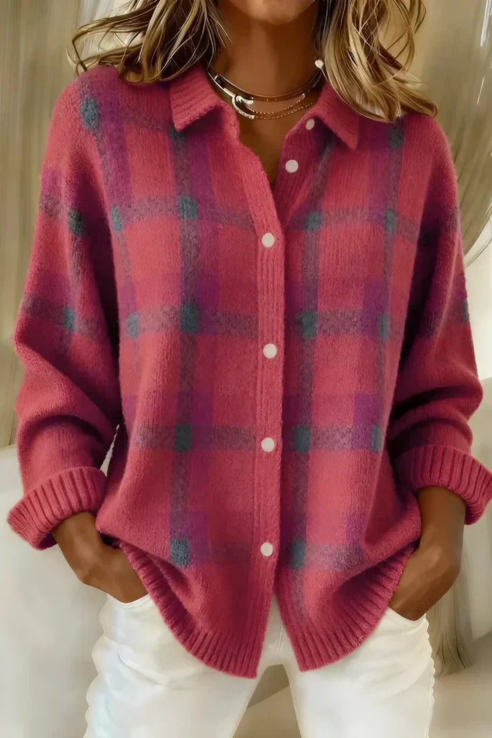 Women's Relaxed Checkered Button Sweater