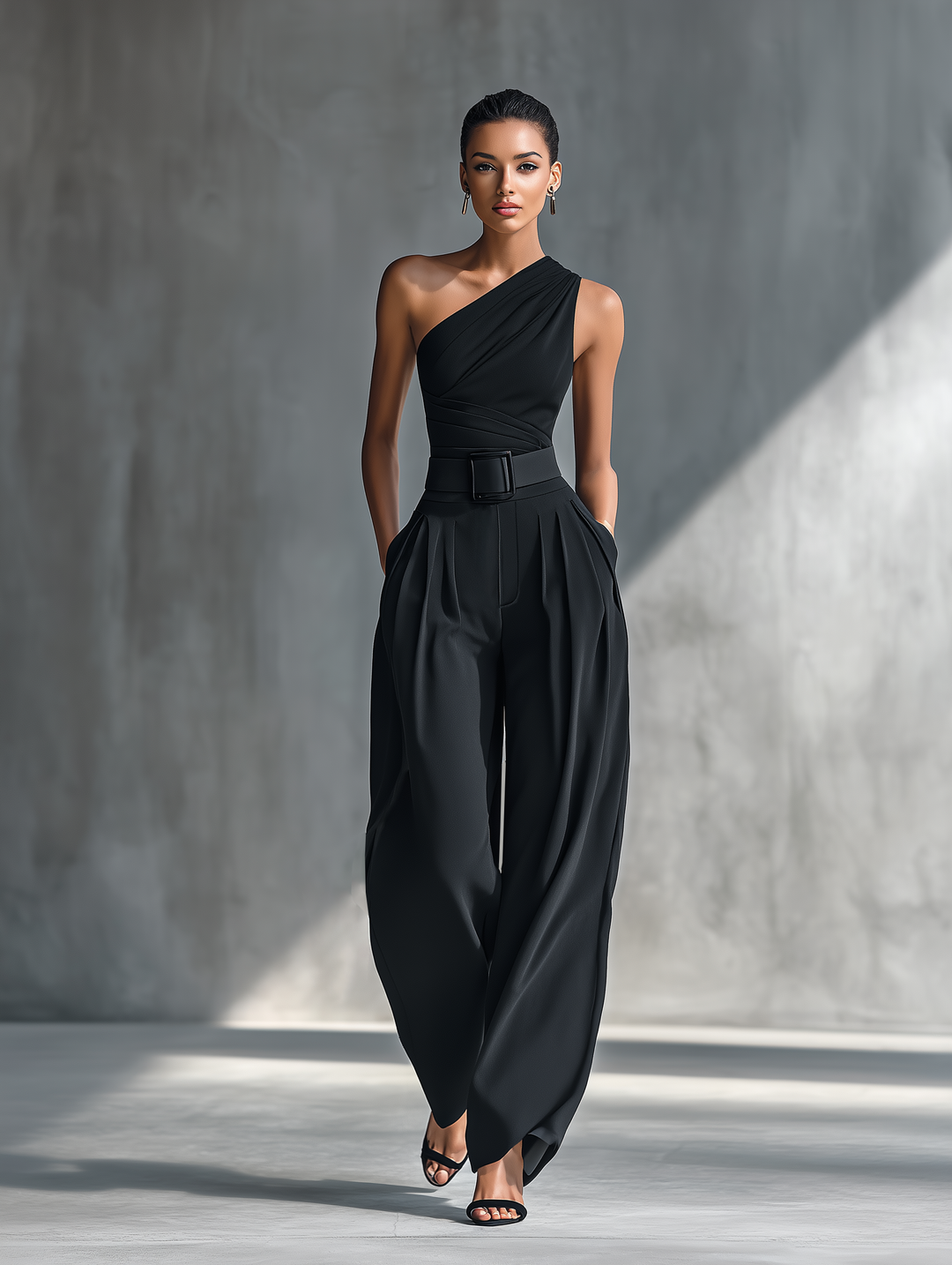 Stylish Black High-Elastic Knit Top With Comfortable Acetate Wide-Leg Pants Set