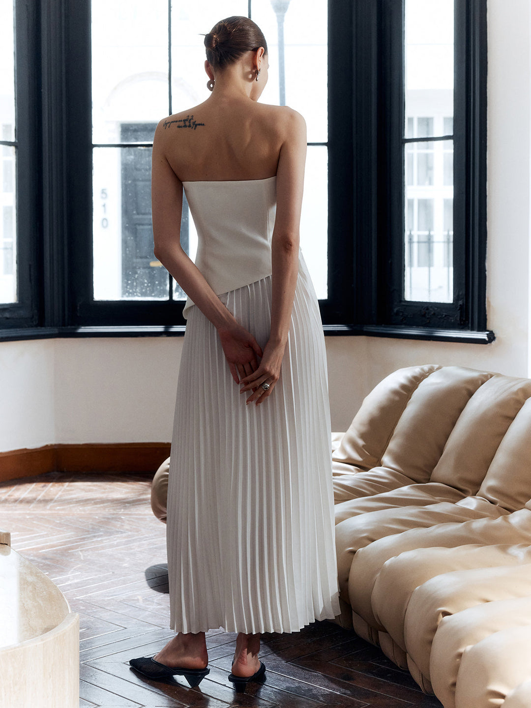 Women’s Strapless Georgette Maxi Dress – Luxurious Pleated Statement Silhouette Side Split Dress
