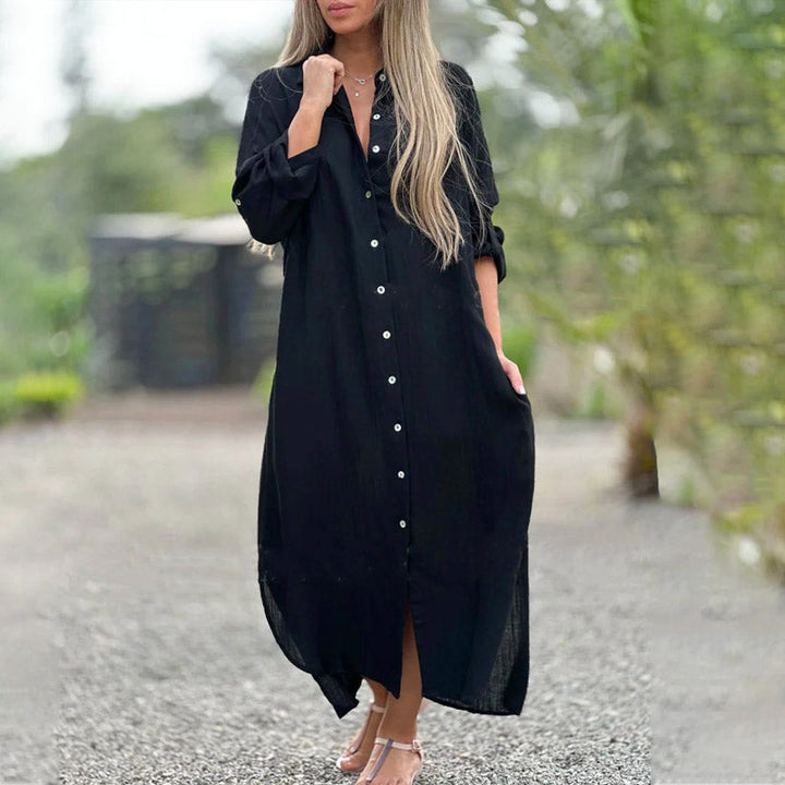 Characteristically Elegantly Button Down Ivory Silk Ankle Length Plus Maxi Shirt Dress