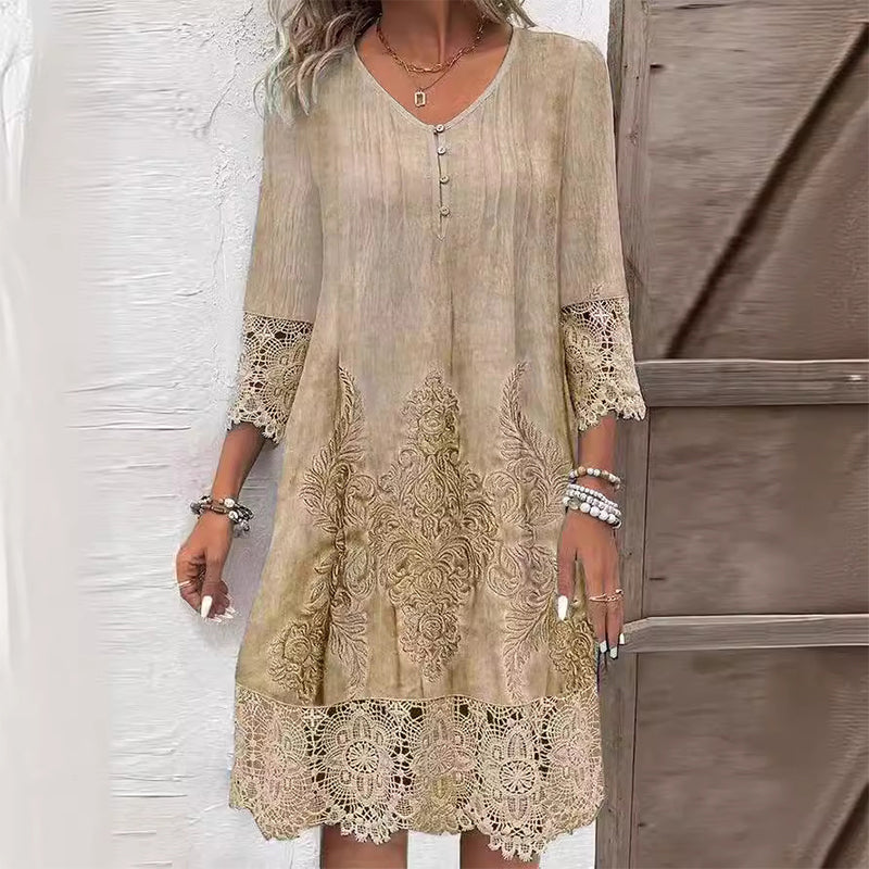 Women’s Floral Print Midi Dress – Elegant Embroidered Premium Fabric Luxurious Extremely Delicate Detail Dress