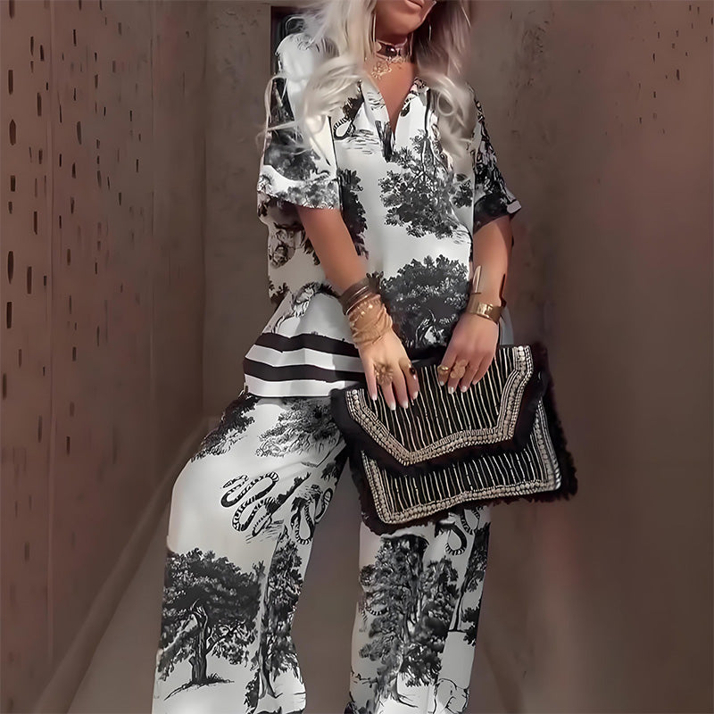 Mila | Printed V-Neck Top with Matching Long Trousers