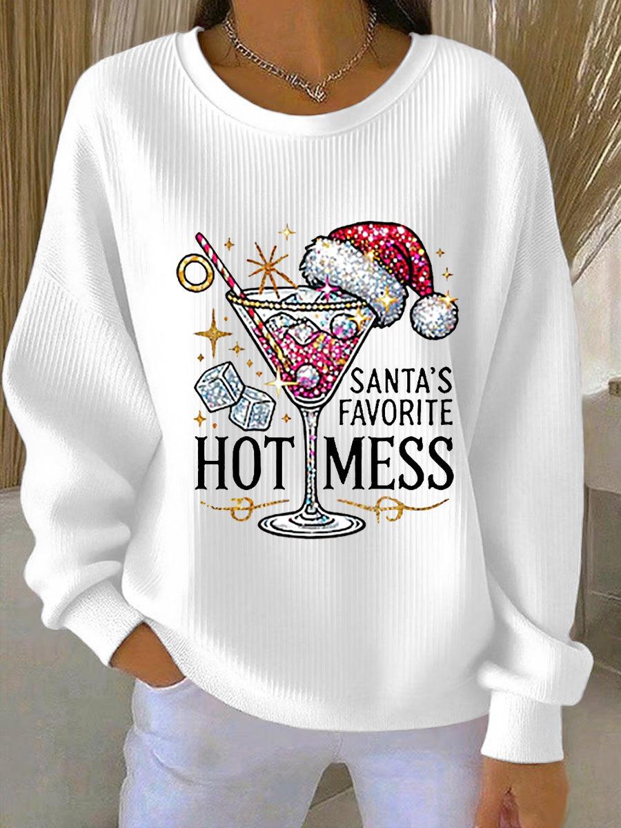 Ladies Santa's Favorite Hot Mess Print Leisure Ribbed Round Neck Sweatshirt