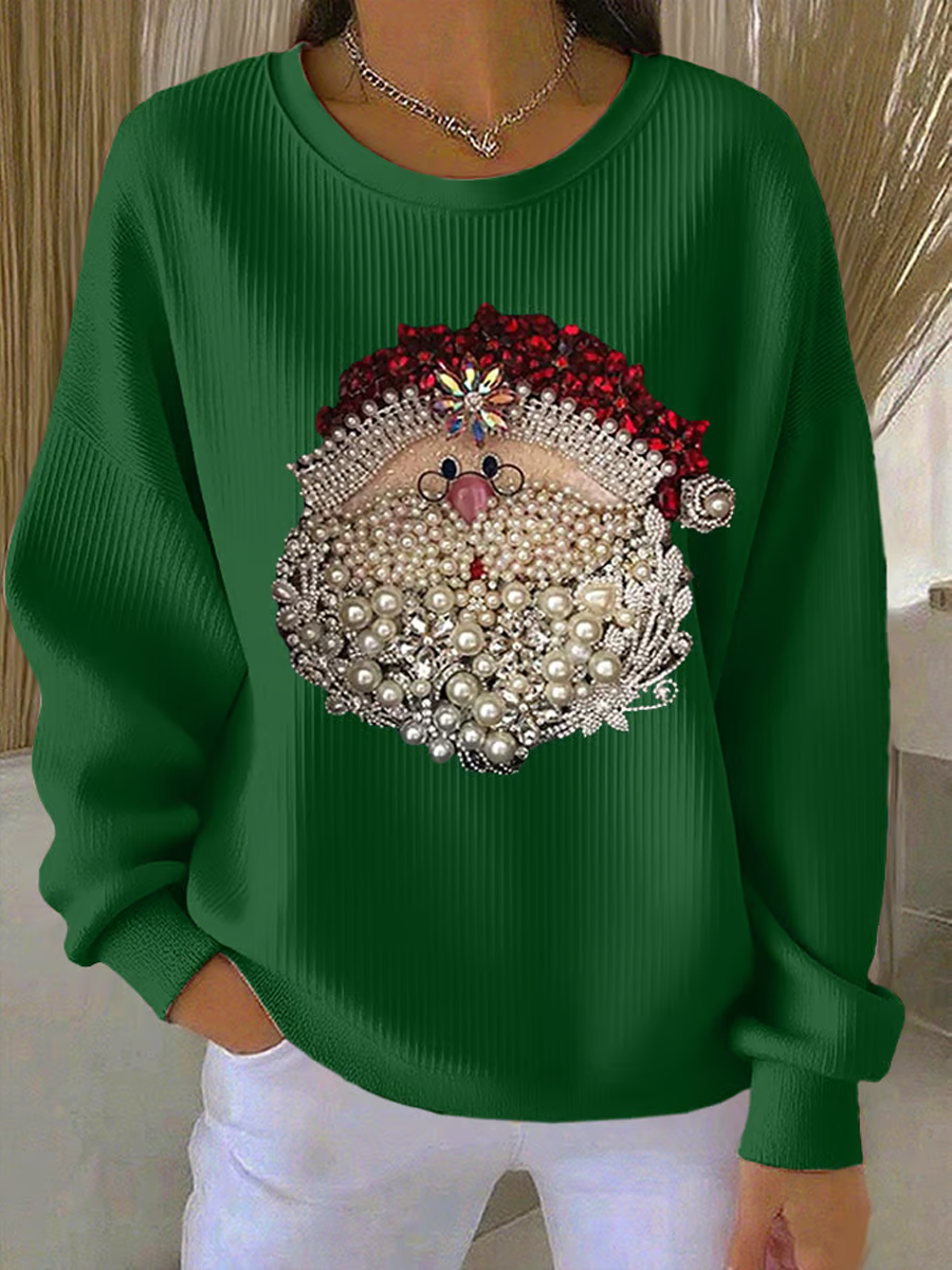 Women's Santa Claus Printed Ribbed Round Neck Sweatshirt